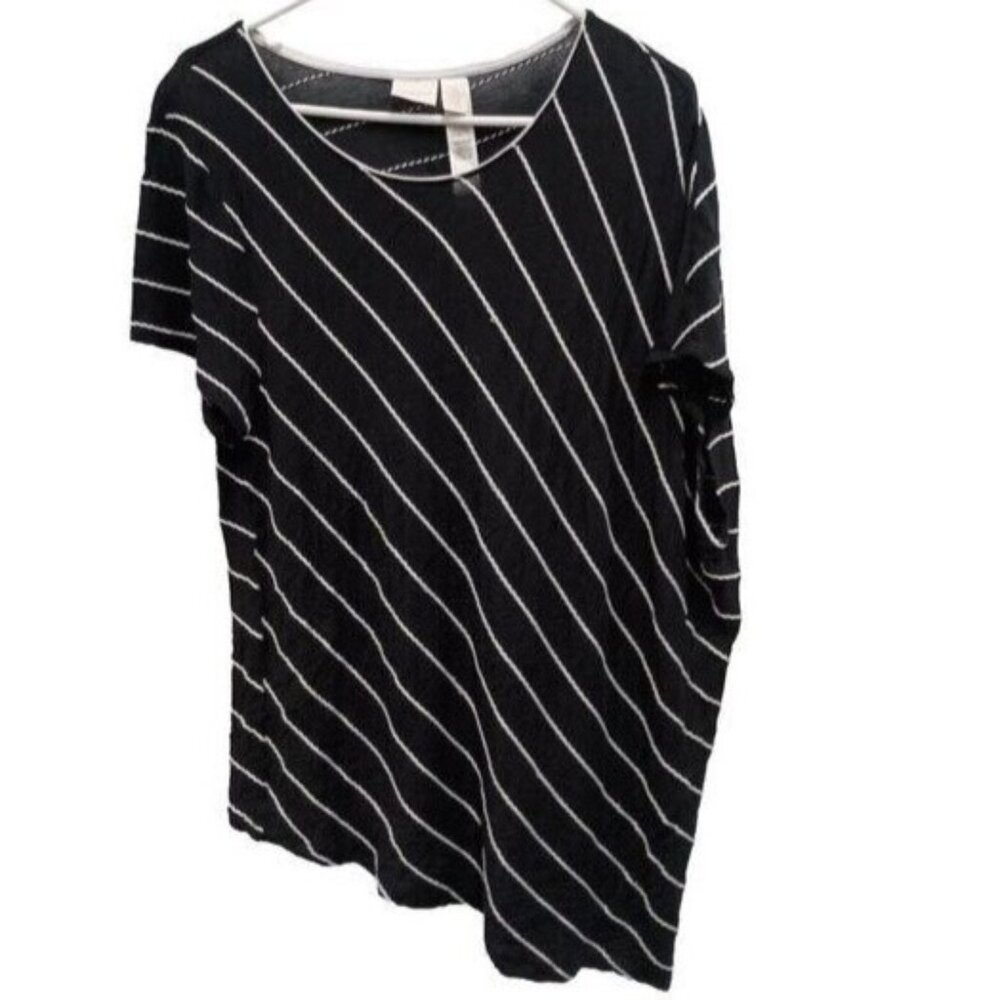 Chicos Womens Striped Tunic Top XL Black White Short Sleeve Side Tail Casual